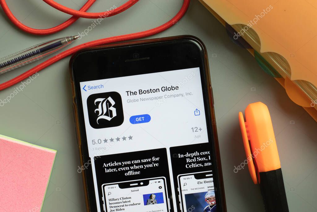 New York, USA - 29 September 2020: The Boston Globe mobile app logo on phone screen close up, Illustrative Editorial.