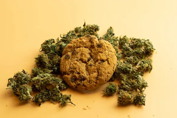 Galletas de avena y cogollos de marihuana vista superior. Galleta con cannabis — Foto de Stock