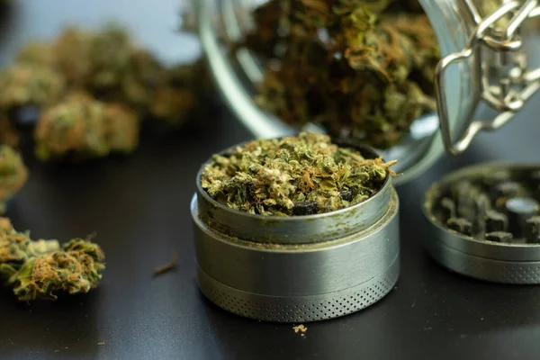 Grinder Marijuana Close Cannabis Use Healthcare Blurry Background Weed Buds — Stock Photo, Image