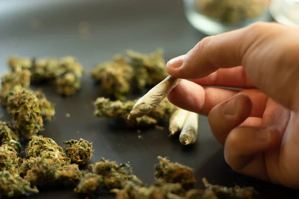 Drug Addiction Concept Man Holding Marijuana Joint Hand Copy Space — Stock Photo, Image