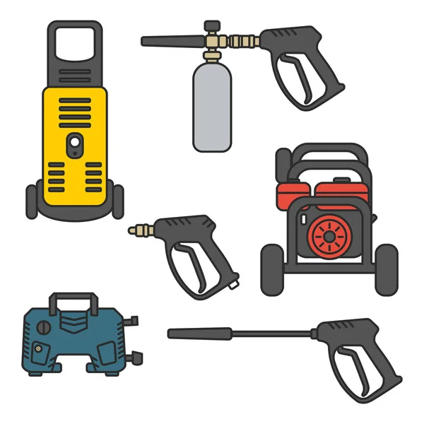 Set van vector illustratie druk wasmachine machine elektrisch met Spray Gun Equipment platte ontwerp stijl — Stockvector