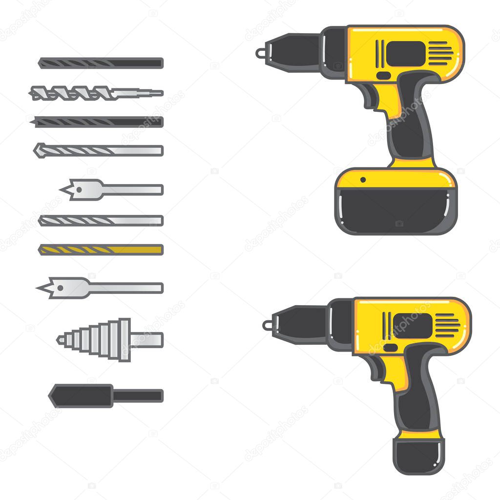 Set of vector illustration cordless drill with complete bits flat design