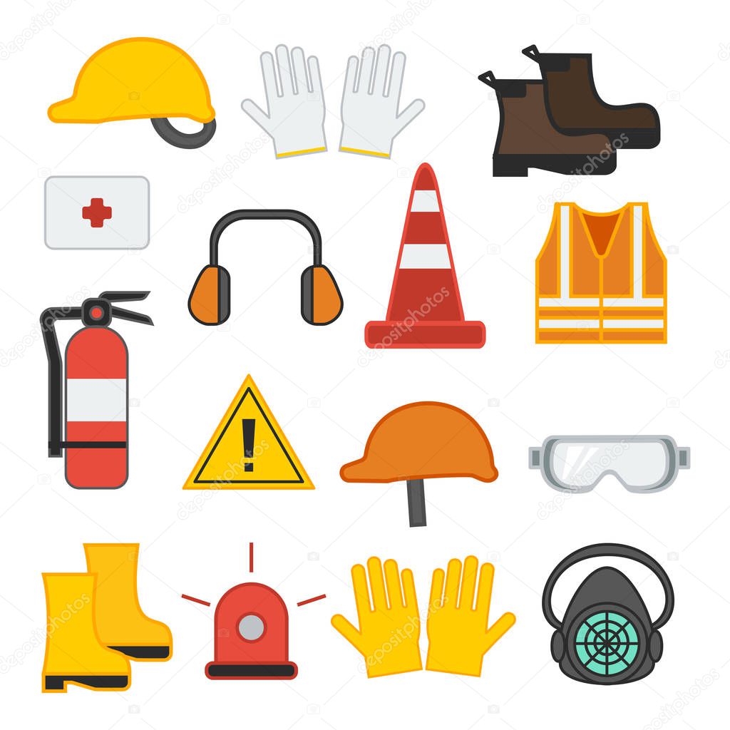 set of vector illustration safety equipment for construction and industrial vest shoes glove respirator helmet ear fire flat design