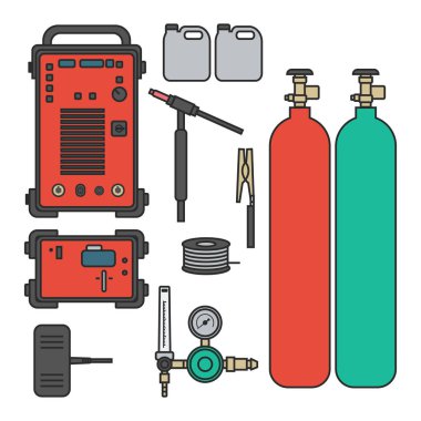 endüstriyel inşaat ve metal çalışma düz tasarım tarzı için regülatör tank meşale ile vektör illüstrasyon gaz kaynak argon makine seti