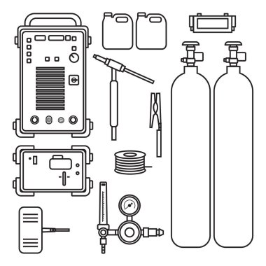 endüstriyel inşaat ve metal çalışma düz tasarım tarzı siluet için regülatör tank meşale ile vektör illüstrasyon gaz kaynak argon makine seti