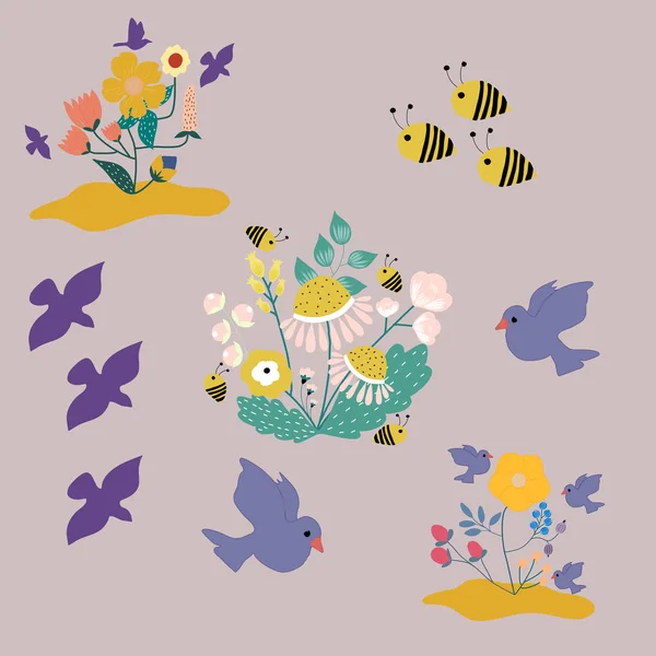 Blumen Vögel Und Bienen Vektor Set Illustrationen Die Web Als — Stockvektor