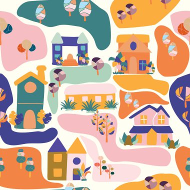 Renkli groovy evler ve ağaçlar, sorunsuz bir desen tasarımı, yüzey baskı tasarımı için kullanılabilir, ya da web üzerinde, bir arka plan olarak