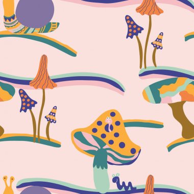 groovy mantar ve salyangozlar, sorunsuz bir desen tasarımı, bu Web üzerinde hem de kullanılabilir, bir arka plan veya baskı olarak, yüzey tasarımı için. Vektör simgesi