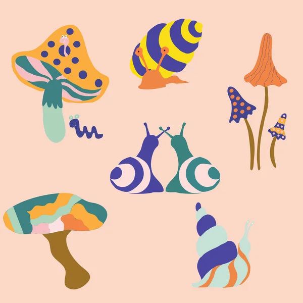 Caracóis Groovy Coloridos Cogumelos Ilustrações Vetoriais Que Podem Ser Usados — Vetor de Stock