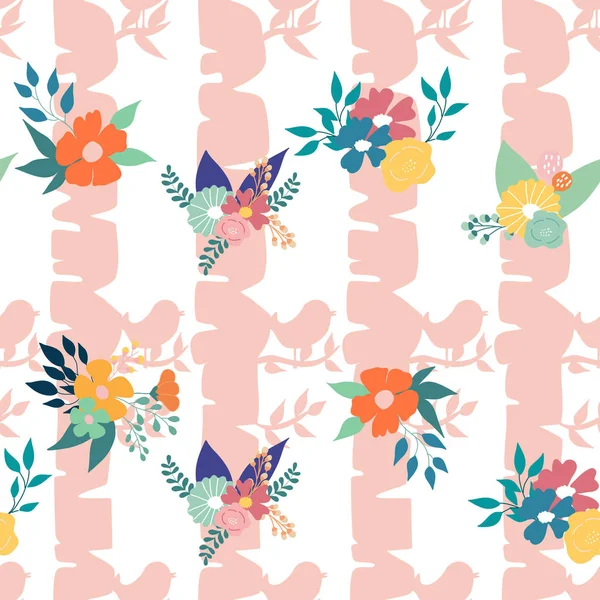 Árbol Rosa Pájaros Composición Flores Diseño Patrón Sin Costuras — Archivo Imágenes Vectoriales