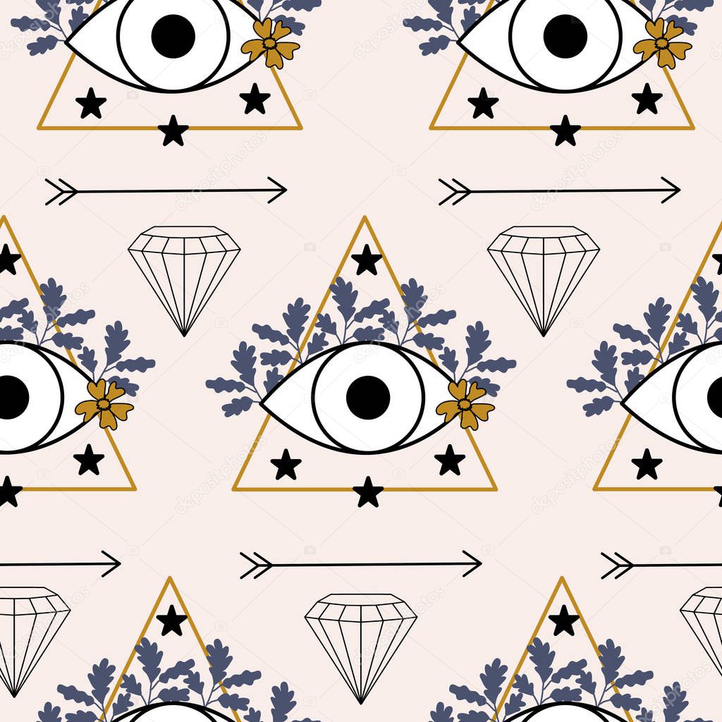  eyes, triangles and purple leaves, in a seamless pattern design