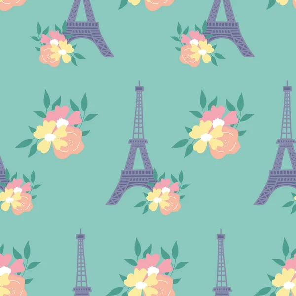 Tour Eiffel Flores Diseño Patrón Sin Costuras — Vector de stock