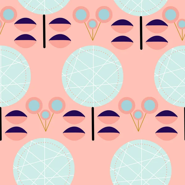 シームレスなパターンデザインの青とピンクのレトロな花 — ストックベクタ