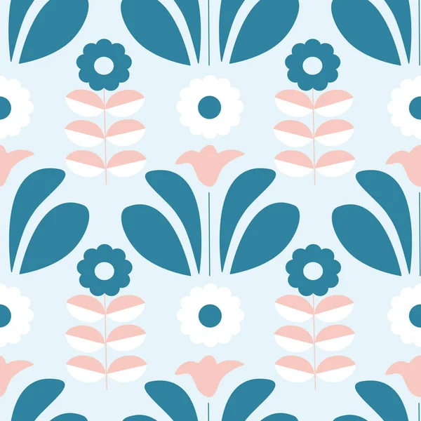 Roze Blauwe Retro Bloemen Een Naadloze Patroon Ontwerp — Stockvector