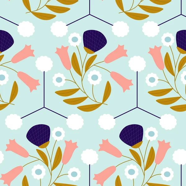 Kleurrijke Pastel Retro Bloemen Een Naadloze Patroon Ontwerp — Stockvector