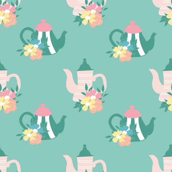 茶壶与花在无缝的图案设计 — 图库矢量图片