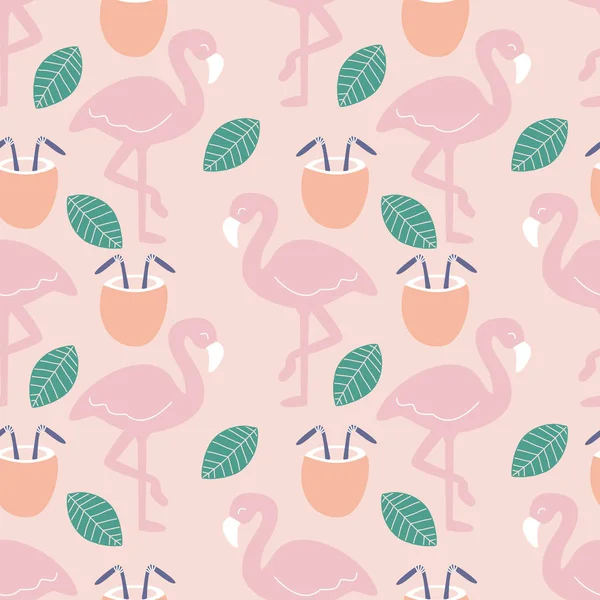  Kesintisiz desen tasarımında flamingolar ve Hindistan cevizi içecekleri