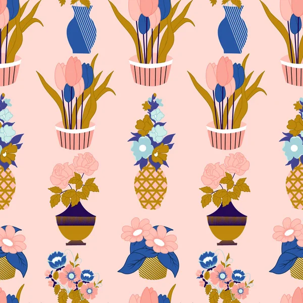 Vase Mit Blumen Nahtlosem Muster Design — Stockvektor