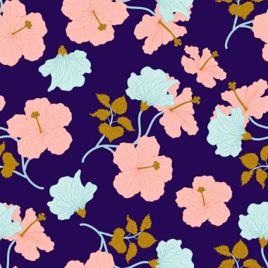  Pembe ve mavi çiçekler, altın yaprakları ile, sorunsuz bir desen tasarımı