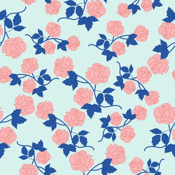 Rosas Rosadas Hojas Azules Diseño Patrón Sin Costuras — Vector de stock