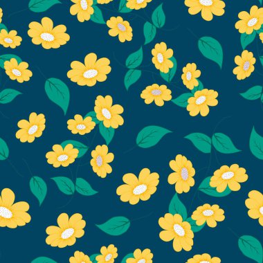 Kesintisiz desen tasarımında karanlık bir arka planda sarı çiçekler