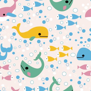  Dikişsiz desen tasarımında renkli kabarmalarla giden ve balıklar