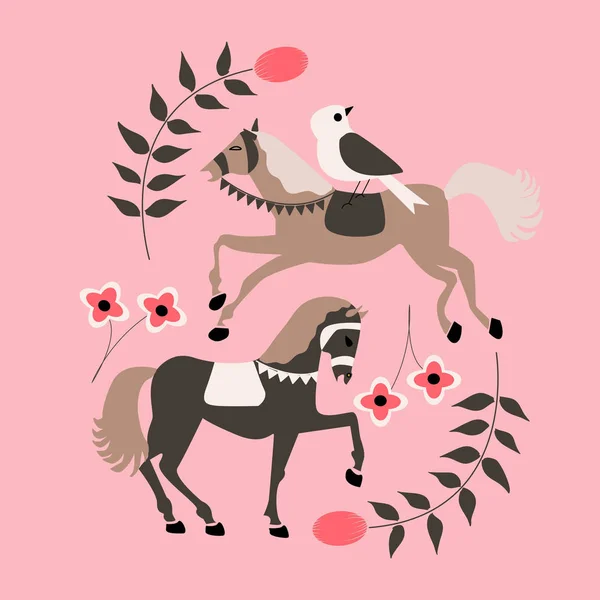 Belos Cavalos Uma Composição Arte Popular Elementos Vetoriais —  Vetores de Stock