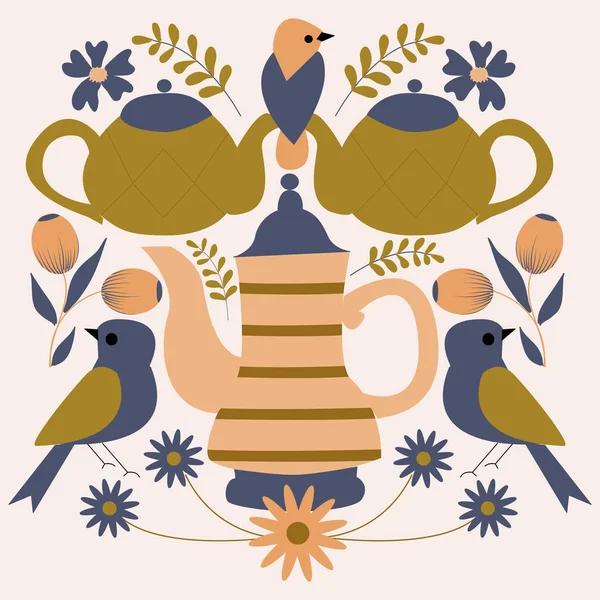 民俗芸能の組成物の茶碗と鳥 — ストックベクタ