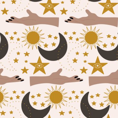 Eller ve altın gök elemanları kusursuz desen tasarımında