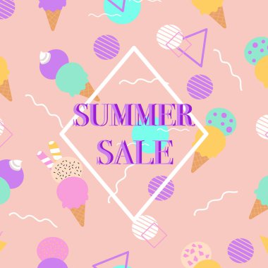 Renkli dondurma ve memphis elemanları ile yaz satış afiş. Vektör afişi