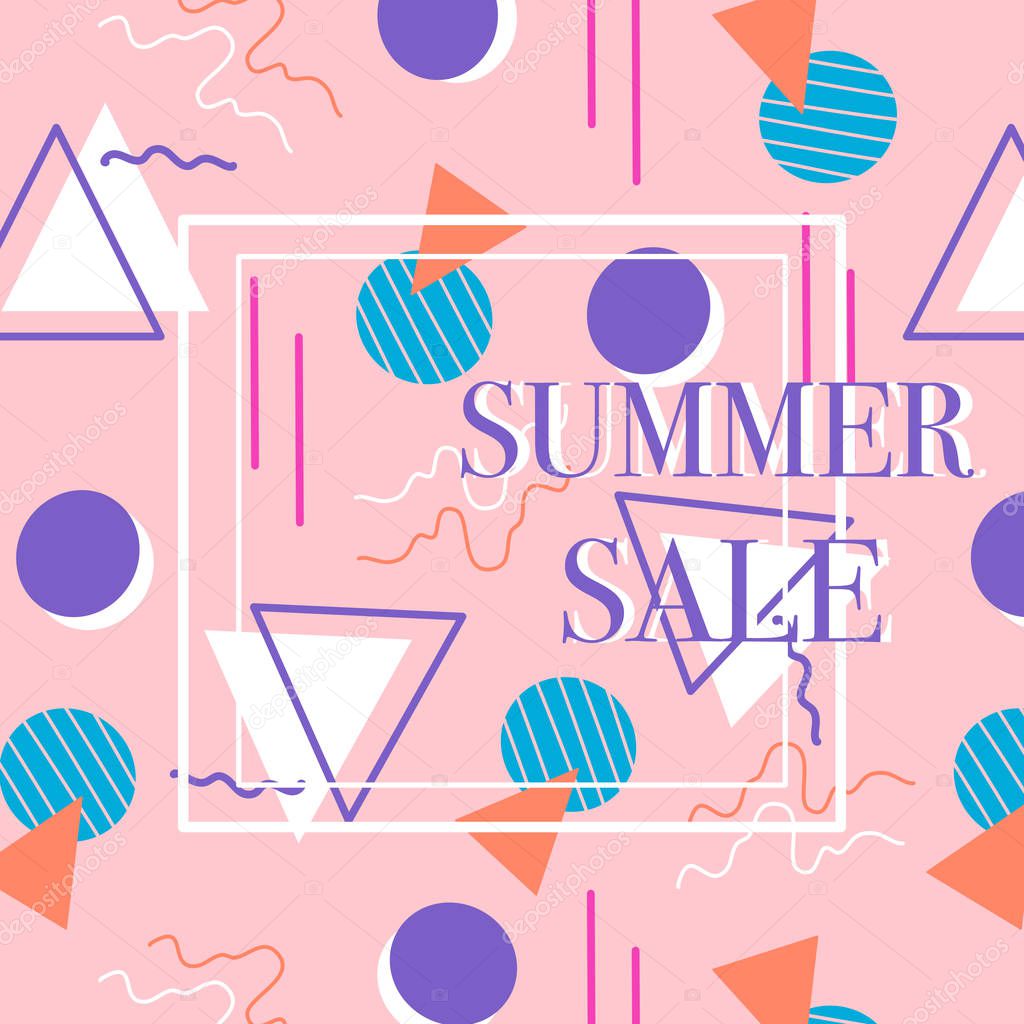 Summer sale banner with purple and yellow memphis elements. Vector banner.