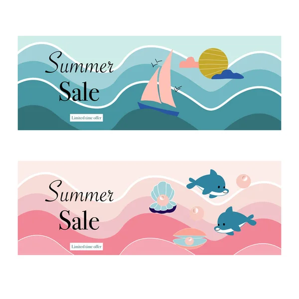 Set Sale Banner Summer Ocean Elements Vector Elements — Stock Vector