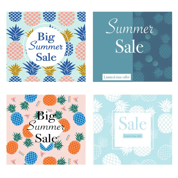 Set Sommar Rea Banners Med Färgglada Sommar Ananas Vektorelement Creative — Stock vektor