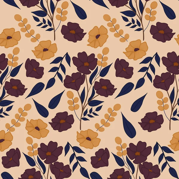 Flores Otoño Color Amarillo Púrpura Diseño Patrón Sin Costuras — Vector de stock