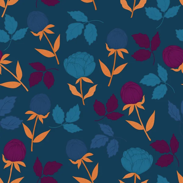 Flores Otoño Azules Púrpuras Anaranjadas Diseño Patrón Sin Costuras — Vector de stock