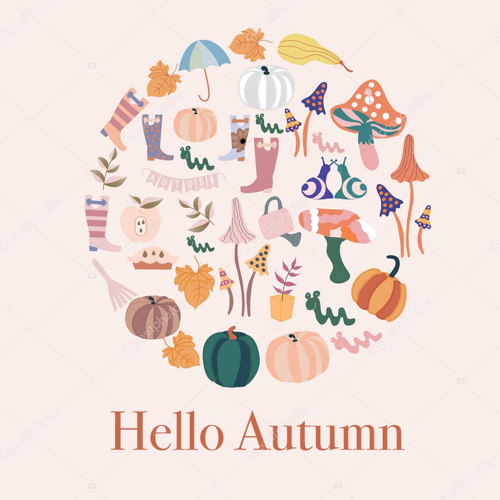 Autumn background with many autumn elements, in the shape of a heart.Vector elements. Creative template card