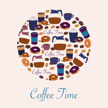  Kahve elemanları ve çörekler ile Promosyon afiş. Vektör elemanları. Yaratıcı şablon