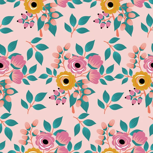 Rosa Und Gelbe Niedliche Blumen Einem Nahtlosen Muster Design — Stockvektor