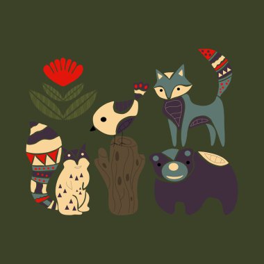 Renkli ayı, tilki, sincap ve bir sonbahar illüstrasyon bir kuş