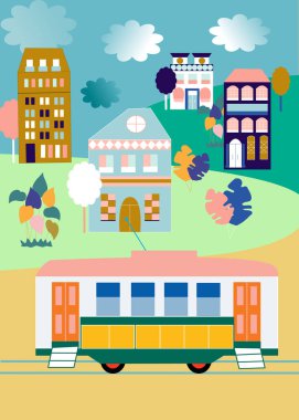 renkli bir şehirde mavi, pembe ve altın evler illlustration