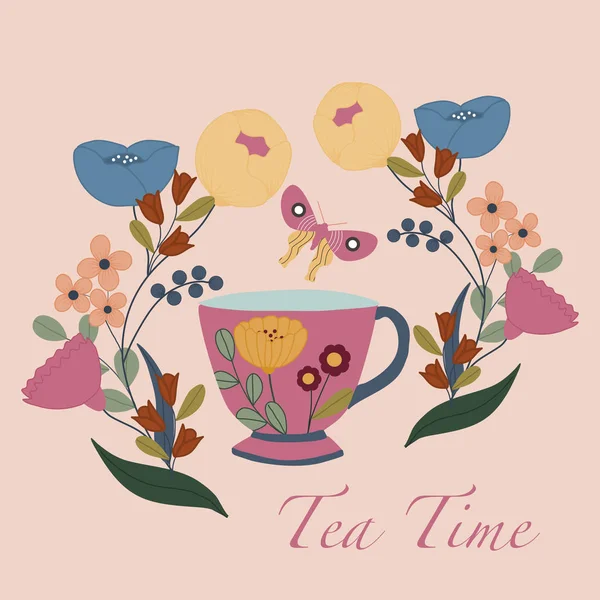 五颜六色的茶杯和鲜花在一个秋天插图 — 图库矢量图片
