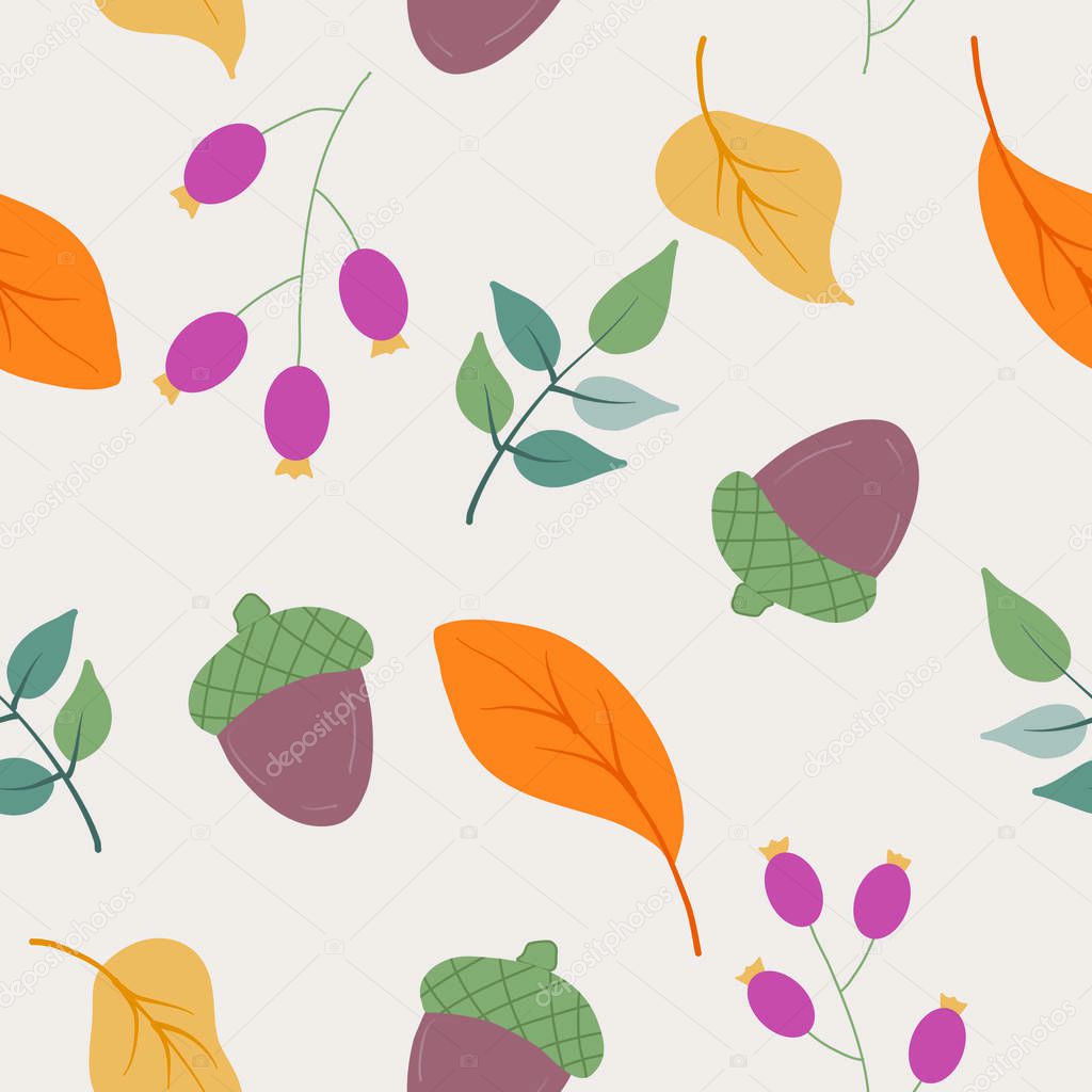 Colorful autumn leaves and autumn elements in anseamless pattern design