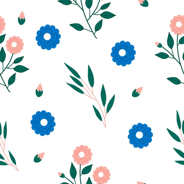 Blaue Und Rosa Blumen Auf Weißem Hintergrund Einem Nahtlosen Muster — Stockvektor