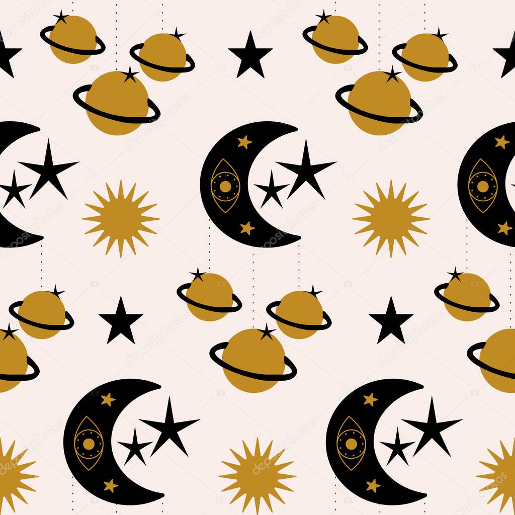  Golden planets and celestial elements in a seamless pattern design