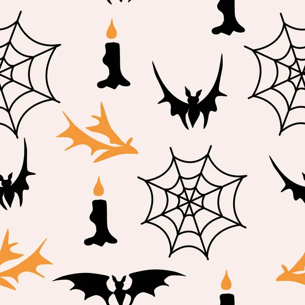 Denevérek Pók Fészket Gyértyák Egy Halloween Minta Design — Stock Vector