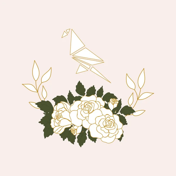 Papel Blanco Oro Pájaro Rosas Elegantes Ilustración — Vector de stock