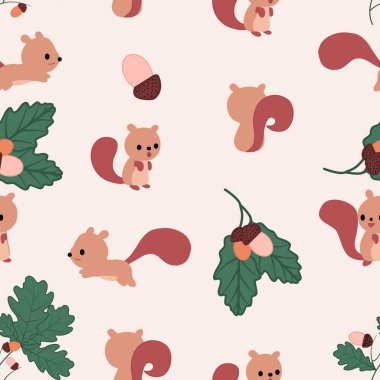 Kawaii sincapları, fındıklar ve sonbahar yaprakları, kusursuz desenler.