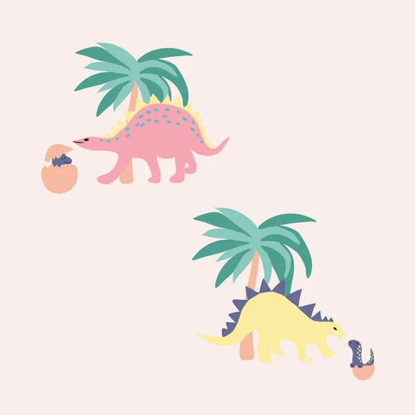 Leuke Dinosaurussen Palmbomen Vectorillustratie — Stockvector