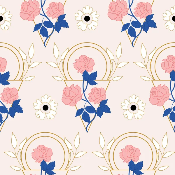 Elegante Rosa Rosen Und Geometrische Elemente Einem Nahtlosen Muster Design — Stockvektor