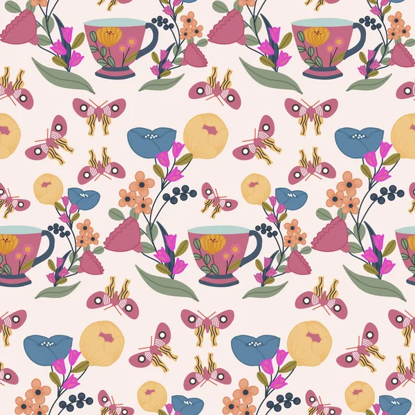 Чашки Цветы Бабочки Бесшовный Дизайн Шаблона — стоковый вектор